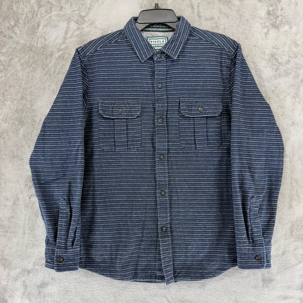 Vissla Creators Shirt Mens Medium M5173CRE Navy Blue Striped Button-down EUC